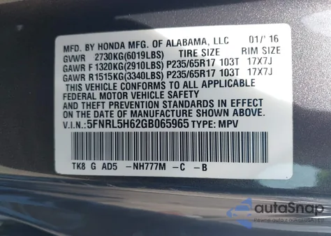 2016 Honda Odyssey Ex-L z USA, uszkodzony, nr VIN 5FNRL5H62GB065965